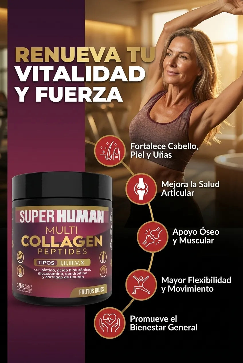 Multi Collagen Peptides™ - Colágeno Hidrolizado en Polvo Tipo I, II, III, V y X con Glucosamina, Biotina, Condroitina y Cartílago de Tiburón, para Piel, Articulaciones y Huesos, 100% Puro y Natural (375 g) - SuperHuman™