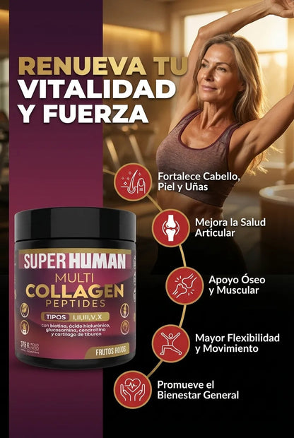 Multi Collagen Peptides™ - Colágeno Hidrolizado en Polvo Tipo I, II, III, V y X con Glucosamina, Biotina, Condroitina y Cartílago de Tiburón, para Piel, Articulaciones y Huesos, 100% Puro y Natural (375 g) - SuperHuman™