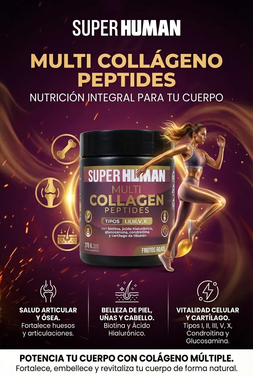 Multi Collagen Peptides™ - Colágeno Hidrolizado en Polvo Tipo I, II, III, V y X con Glucosamina, Biotina, Condroitina y Cartílago de Tiburón, para Piel, Articulaciones y Huesos, 100% Puro y Natural (375 g) - SuperHuman™